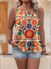 EMERY ROSE Plus Size Tropical Floral Print Tank Top Suitable For Going Out,Flower/Spring/Summer/Vacation - Multicolor - View 1