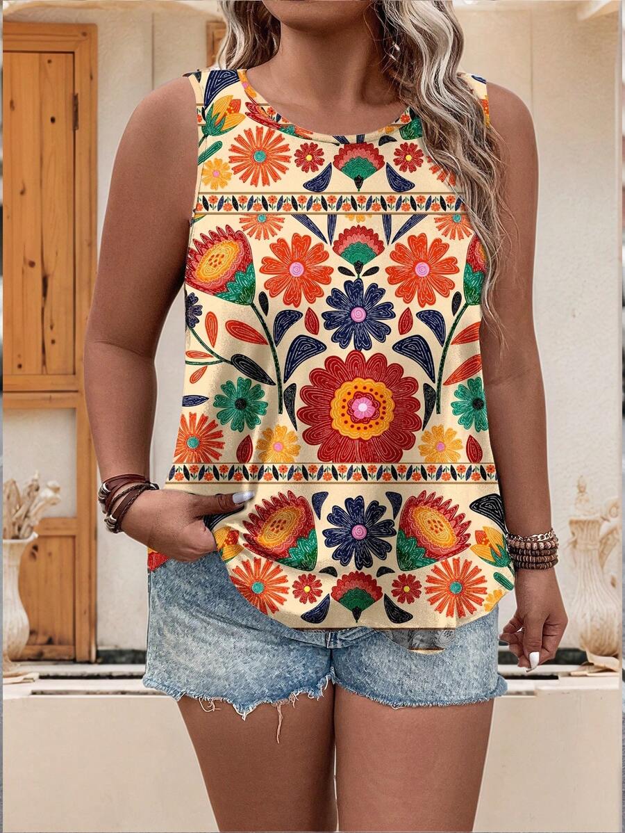 EMERY ROSE Plus Size Tropical Floral Print Tank Top Suitable For Going Out,Flower/Spring/Summer/Vacation - Multicolor - View 1