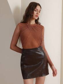 Anewsta Fashion Brown Rhinestone Mesh Wrap Top Graphic Tees Women Tops - Coffee Brown - View 3