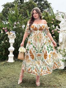 Flirla Plus Size Elegant Off Shoulder Waist Cinched Long Dress, For Spring/Summer, Vacation Wear