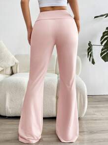 Muchica Women's Solid Flare Pants Fold Over Leggings Stretch Bootcut Flared Yoga Pants Y2k Joggers - Pink - View 2