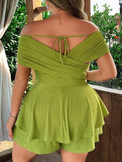 Flirla Plus Size Women Green Textured Sleeveless Layered Hem Jumpsuit