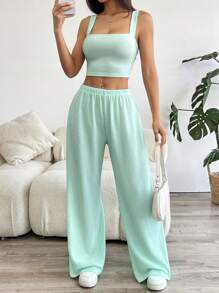 SHEIN EZwear 纯色短款吊带背心和阔腿裤两件套 - 薄荷綠 - 查看 6