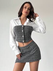 Firerie 2pcs Women's Black And White Checkered Tweed Patchwork Blouse + Knee Length Skirt Set,Autumn Elegant Brunch Outfit For Party,Business Casual - Black and White - View 1