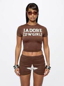 SUMWON WOMEN Jadore Cowgirls Statement Crop Top Baby Tee Western Style Short Sleeve Fitted Festival Concert Streetwear Y2K Aesthetic Summer Fashion Tshirt