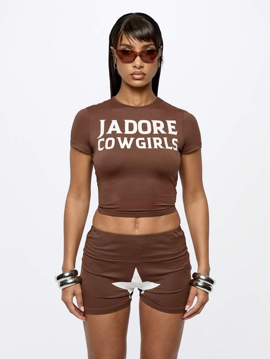 SUMWON WOMEN Jadore Cowgirls Statement Crop Top Baby Tee Western Style Short Sleeve Fitted Festival Concert Streetwear Y2K Aesthetic Summer Fashion Tshirt