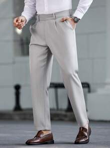 Manfinity Mode Men's Solid Color Tapered Suit Pants, Suitable For Business & Commute Men Clothing Men Pants - Light Grey - View 4