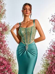 Glamrae 优雅奢华水钻装饰亮片拼接弹性针织面料褶饰美人鱼长裙，适合婚礼、派对、夜总会、度假胜地、派对礼服、婚礼宾客礼服、正式礼服、晚礼服、长袍 - 軍綠色 - 查看 5