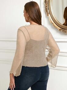 SHEIN Clasi Áo khoác cardigan crop top nữ cỡ lớn có dây buộc rỗng, tay phồng, viền bèo nhún, áo lễ hội - Màu be - Xem 2