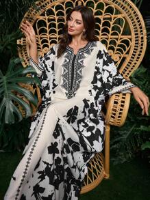 Al Najma Bata turca y abaya tradicional árabe para mujer, vestido kaftan y jalabiya, modesto - Blanco y Negro - Ver 1