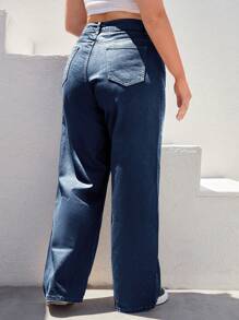 EURMUSE 98%Cotton Plus High Waist Wide Leg Jeans - Dark Wash - View 2