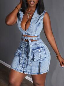 Slaydiva Women's Deep V-Neck Tied Waist Cargo Pocket Sleeveless Sexy Denim Overall Dress - Blue - View 4
