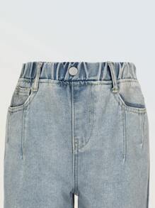 Denimly Girls Casual Simple Fashion College Style Jeans, Elastic Waist Relaxed Fit Ombre Washed Straight Leg Denim Pants