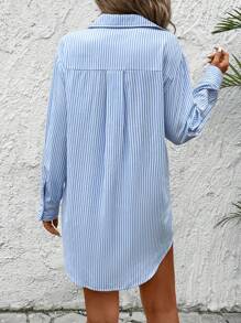 SHEIN LUNE Ladies Spring Summer Casual Blue & White Striped Shirt Dress With Asymmetrical Hem, Side Slit And Pockets,Pastel Dresses For Women - Blue and White - View 2