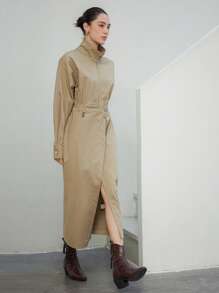 DAZY Khaki,Autumn,Elegant,Office Oversized Minimalist Asymmetrical Design Cinched Waist Shirt Dress With High Slit,Mid-Length Business Casual Work Clothes - Khaki - View 6