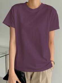 Dazy-Less Solid Color Round Neck Short Sleeve T-Shirt Summer Preppy Tops Business Casual Woman Work Clothes - Red Violet - View 4