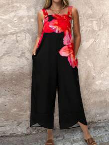EMERY ROSE 大码女式花卉印花口袋阔腿连体裤，女式演唱会服装，女式复活节服装，女式复活节服装，乡村演唱会服装，女式西部服装，波西米亚风，波西米亚风女装，女式夏季服装 - 黑色 - 查看 4
