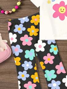 SHEIN Leap Crew 2 件套年轻女孩休闲卡通花朵图案圆领短袖上衣和喇叭裤套装，适合春夏季