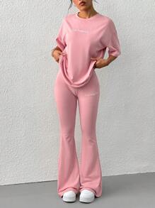 SHEIN EZwear Pink Knitted Letter Embroidered Flare Pants Suit - Pink - View 4