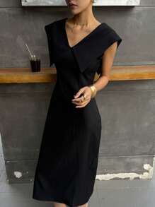 DAZY Vestido ajustado con cuello en V y cintura fruncida, vestido de verano elegante. Ropa de vuelta al colegio - Negro - Ver 6