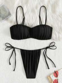 Swim Vcay 2pcs/Set Women Beach Summer Outfit, Solid Color Underwire Supportive Top And Side Tie Swim Shorts Elegant Bikini Sets