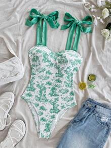 Soleia Women's Vacation Beachside Plant Print Casual Bodysuit - Green - View 7