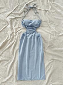 Soleia High Neck Tie Front Cutout Waist High Slit Backless Tie Cami Dress, Blue - Suitable For Vacation, Music Festival, Bohemian, Holiday Dates, Afternoon Tea - Baby Blue - View 4