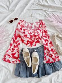 Soleia Women's Vacation Knit Mesh Red Insect & Butterfly Print Square Neck Long Flare Sleeve Fitted Cute T-Shirt - Red and White - View 5