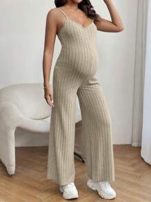 SHEIN Maternity Jumpsuit Suspender Pants, Solid Color Minimalist Fashion - Apricot - View 3