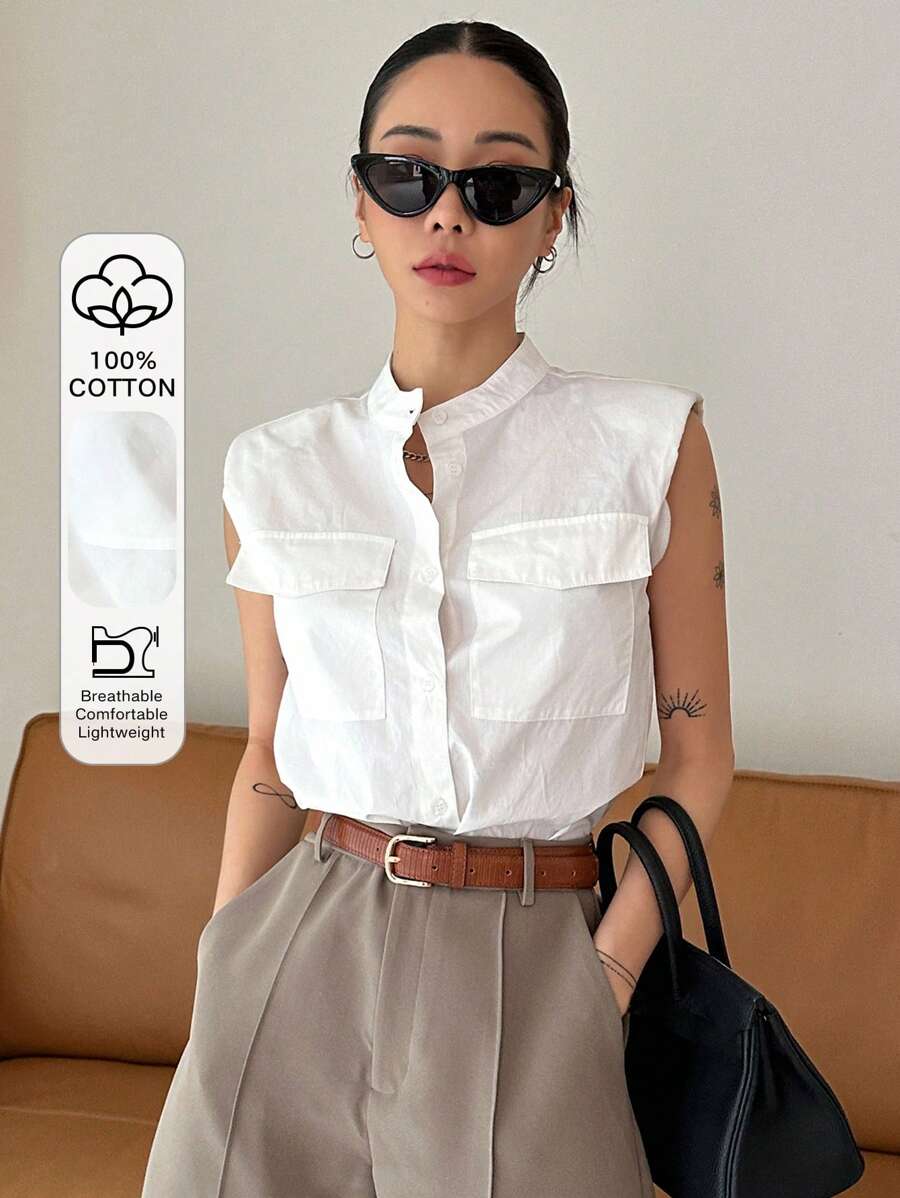 DAZY Camisa sin mangas con bolsillo con solapa y botones delanteros, top sin mangas - Blanco - Ver 1
