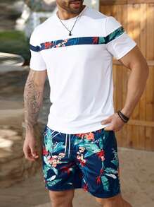 ResortEase Conjunto de camiseta y pantalones cortos de talla grande para hombres con estampado tropical de patchwork