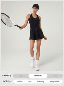 GLOWMODE Vestido con shorts incorporados, de efecto escotado, con tirantes cruzados, cintura con cordón y copas incorporadas FeatherFit™-Air, para uso casual, activo y de tenis de bajo impacto