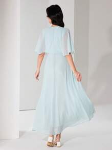 Heiryn Vestido largo elegante de unicolor con parches de malla y volantes en el bajo - Azul menta - Ver 2