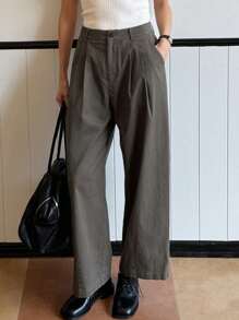 DAZY Women Solid Color Loose Pocket Pleated Ankle Length Pants - Grey - View 9