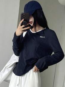 Dazy-Less Color-Blocked Long Sleeve T-Shirt With Letter Embroidery Old Money Style,Fall Clothes - Navy Blue - View 5