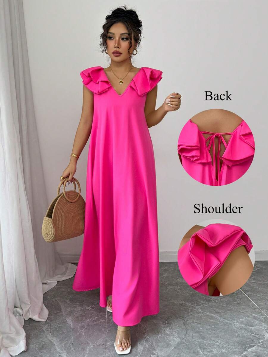 Elenzga 女士纯色宽松休闲 V 领吊带长裙 - 粉色 - 查看 1