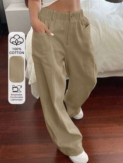 Livesso Solid Color Elastic High-Waist Straight Pants Women's Long Trousers, With Contrast Color Panel Fall