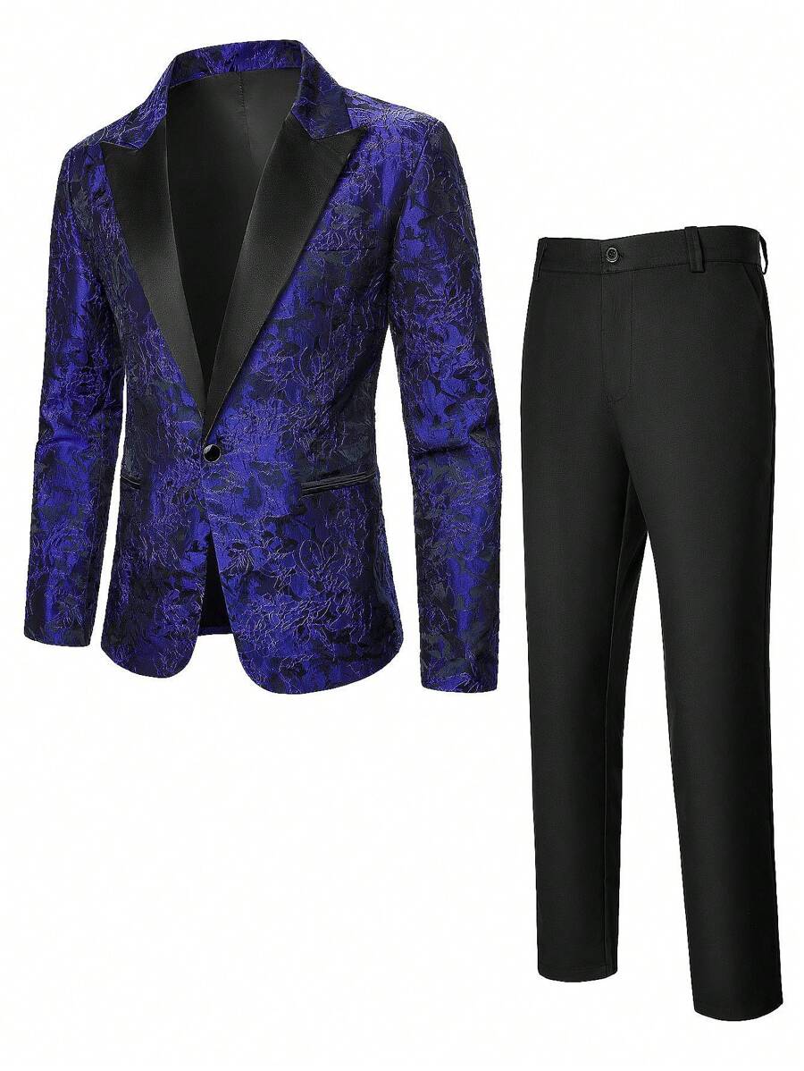 Manfinity Bizformal Bộ quần áo vest nam dài tay cổ ve ve thời trang có họa tiết - Màu xanh lam - Xem 1