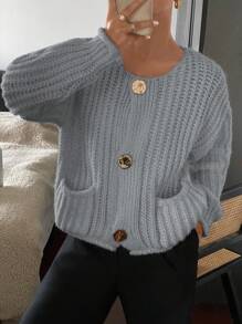 SHEIN Frenchy Chaqueta larga de punto de un solo abotonadura de manga larga y hombros caídos, de unicolor, para mujer, para otoño/invierno