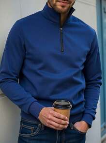 Manfinity Homme Plus Size Men Solid Color Half Zipper Long Sleeve Pullover Sweatshirt, Fall - Navy Blue - View 1