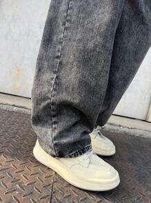 Manfinity EMRG Men's Plain Zippered Pocket Wide Leg Jeans - Grey - View 5