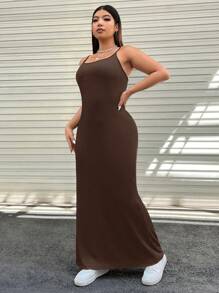 SHEIN EZwear Váy suông trơn màu cỡ lớn, bó sát & tối giản, thời trang - màu nâu - Xem 3