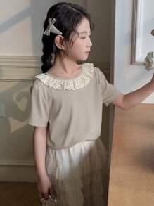 DAZY Tween Girl Round Neck Lace Patchwork Knitted Short Sleeve T-Shirt, Summer, Back To School - Grey - View 3