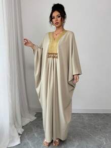 Elenzga Oversized Sleeve Linen Dress With Metallic Collar - Apricot - View 3