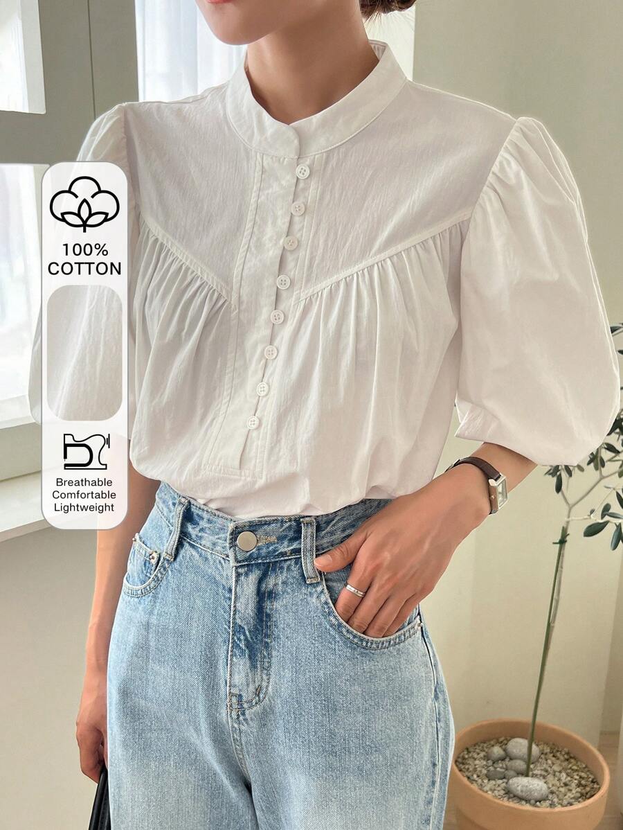 DAZY Mock Neck Puff Sleeve Blouse Fall - White - View 1