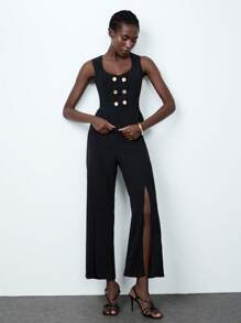 SHEIN ChicEase Mono elegante y a la moda de mujer con cintura marcada y botones metálicos cruzados - Negro - Ver 4