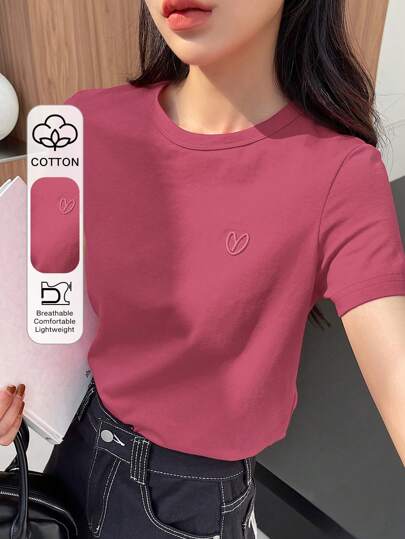 DAZY Valentine's Day Embroidered Heart & Letter Design Women Short Sleeve T-Shirt Summer,Business Casual Women