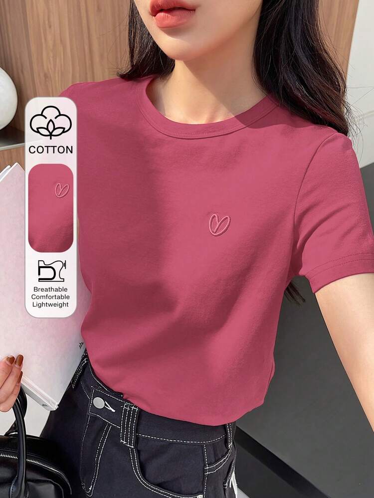 Valentine's Day Embroidered Heart & Letter Design Women Short Sleeve T-Shirt Summer,Business Casual Women