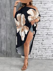 SHEIN VCAY 大码女式花卉印花度假露肩不对称下摆连衣裙