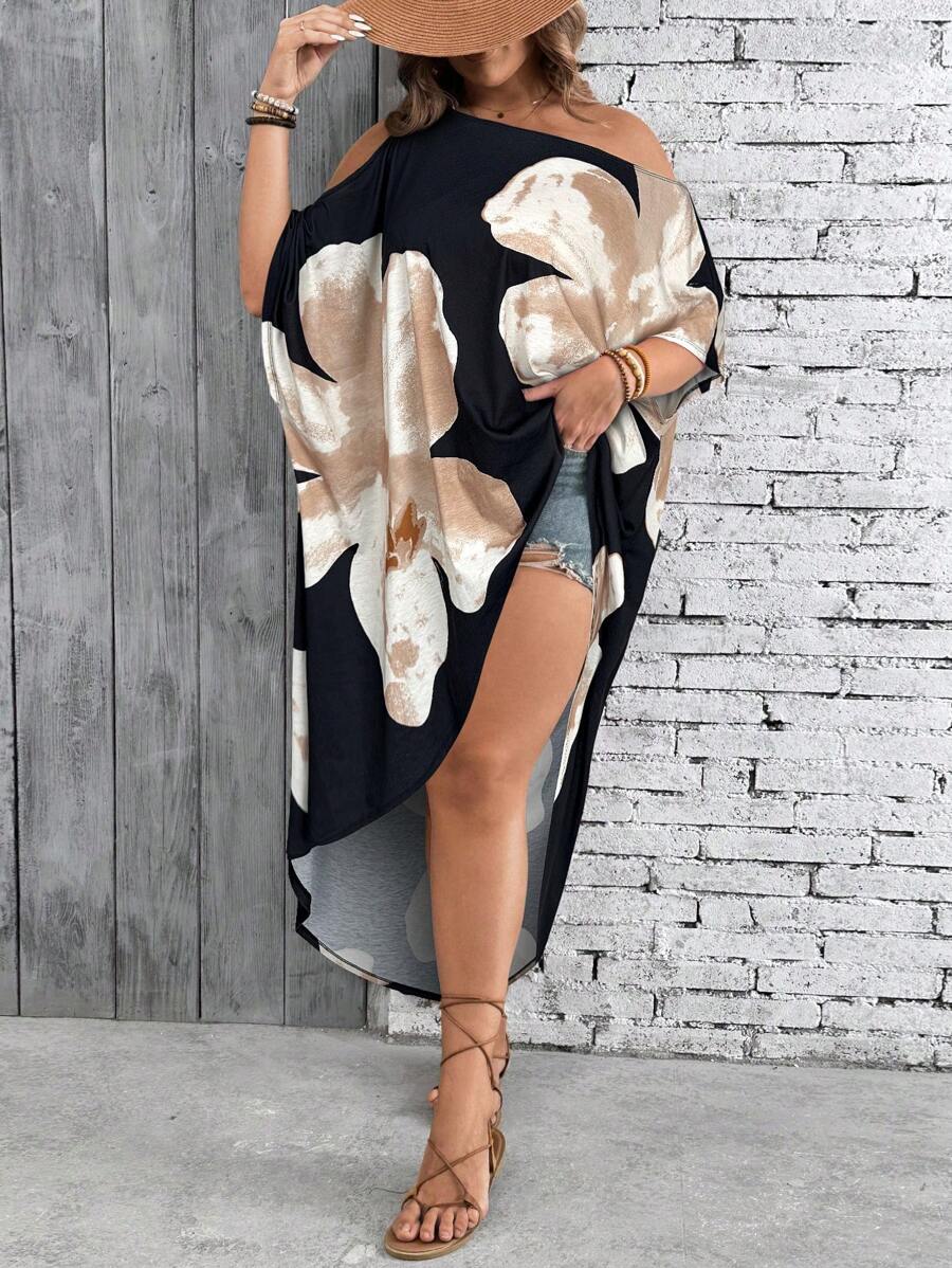 SHEIN VCAY 大码女式花卉印花度假露肩不对称下摆连衣裙